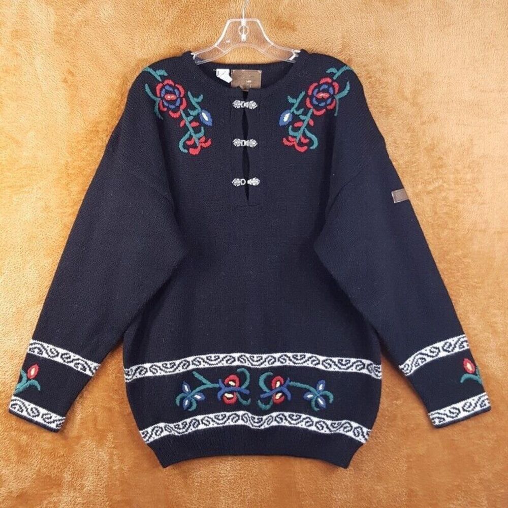 Vintage CUBUS Womens Sweater Large Black Pullover Wool Metal Clasp SPORTIQUE
